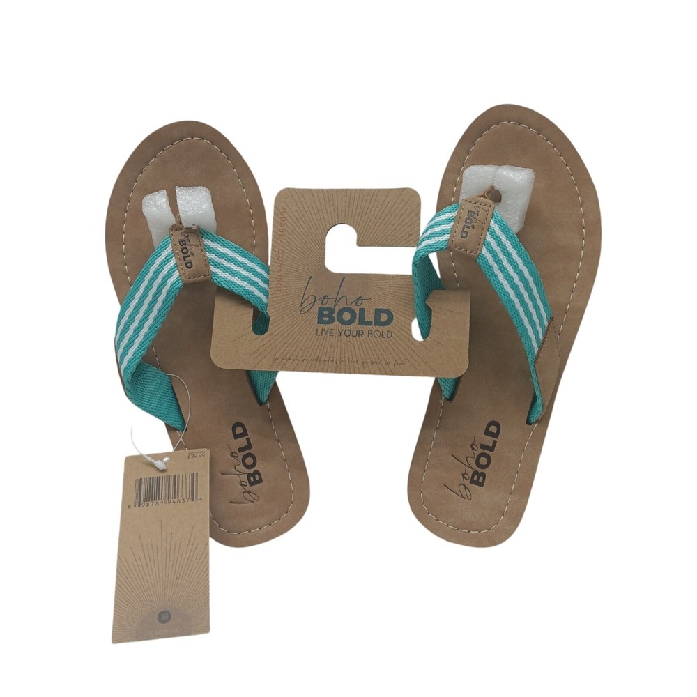Teal & White Striped Boho Bold Woven Strap ~ Flip Flops ~ Size: 36 EU‎ / 5.5 US